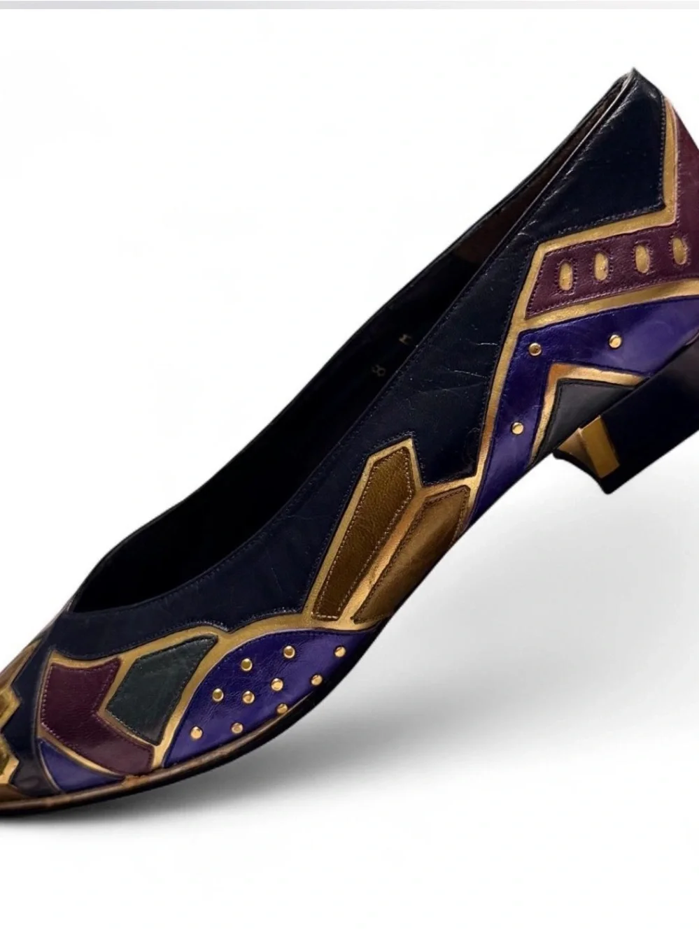 Women's Black Leather Pumps with Purple & Gold Accent Detailing